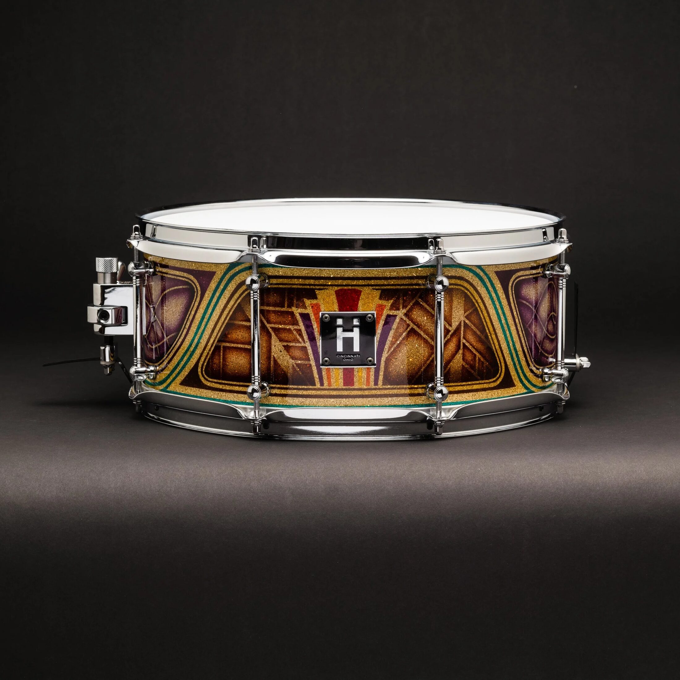 Art Deco lowrider snare in gold and purple flake